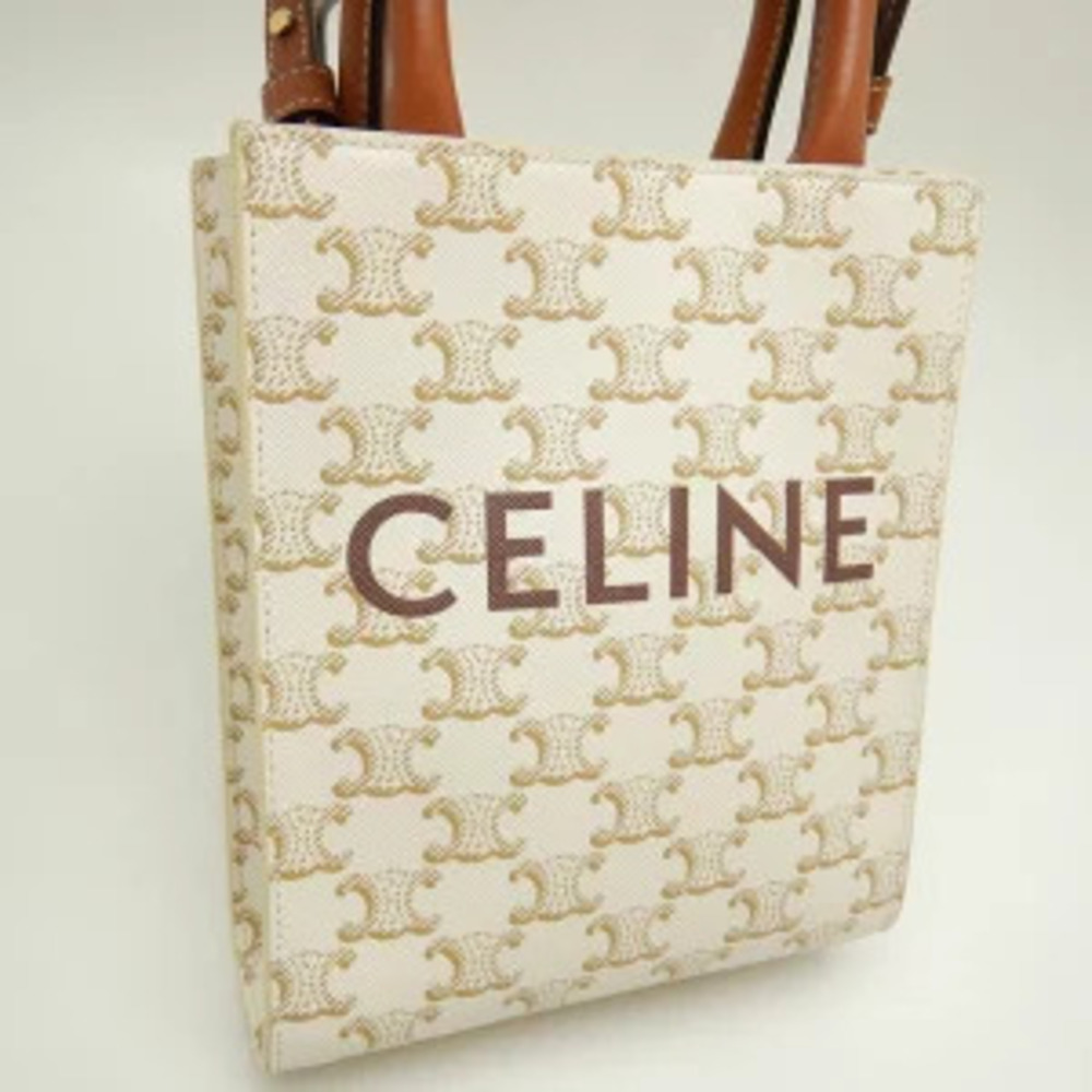 Celine Vertical Cabas Handbag Triomphe Calfskin Ivory White Brown - Picture 2 of 9